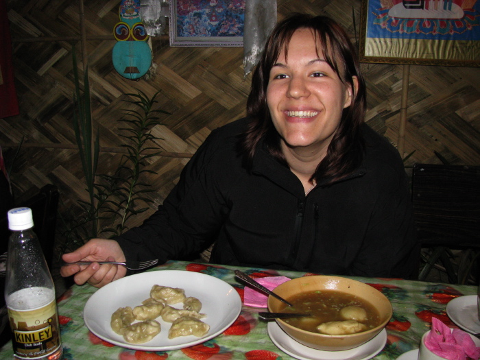 Yvana eating momos, the local speciality